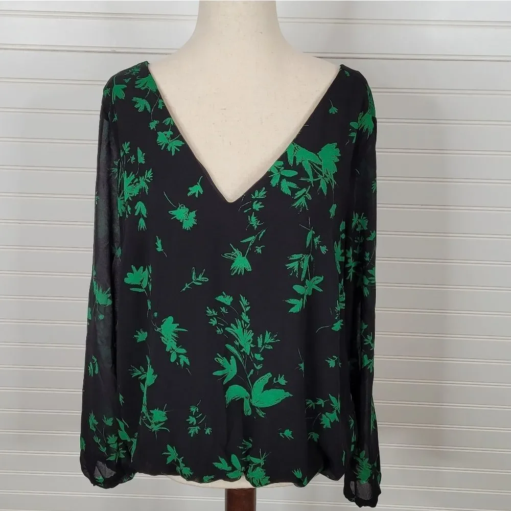 Torrid Black & Green Floral Print Long Sleeve Blouse Top